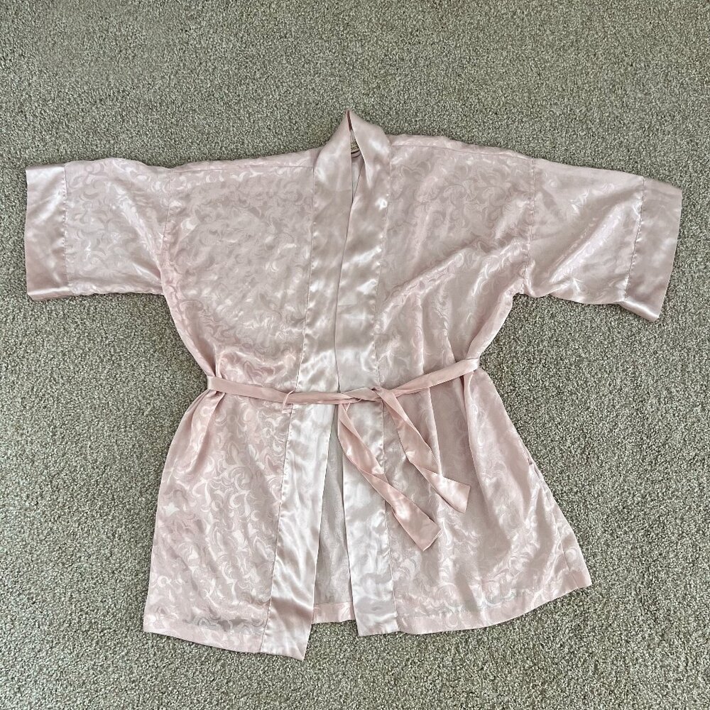 Vintage Victoria Secret Gold Label Kimono Robe Short 80s Baby Pink Satin OS - Picture 1 of 5